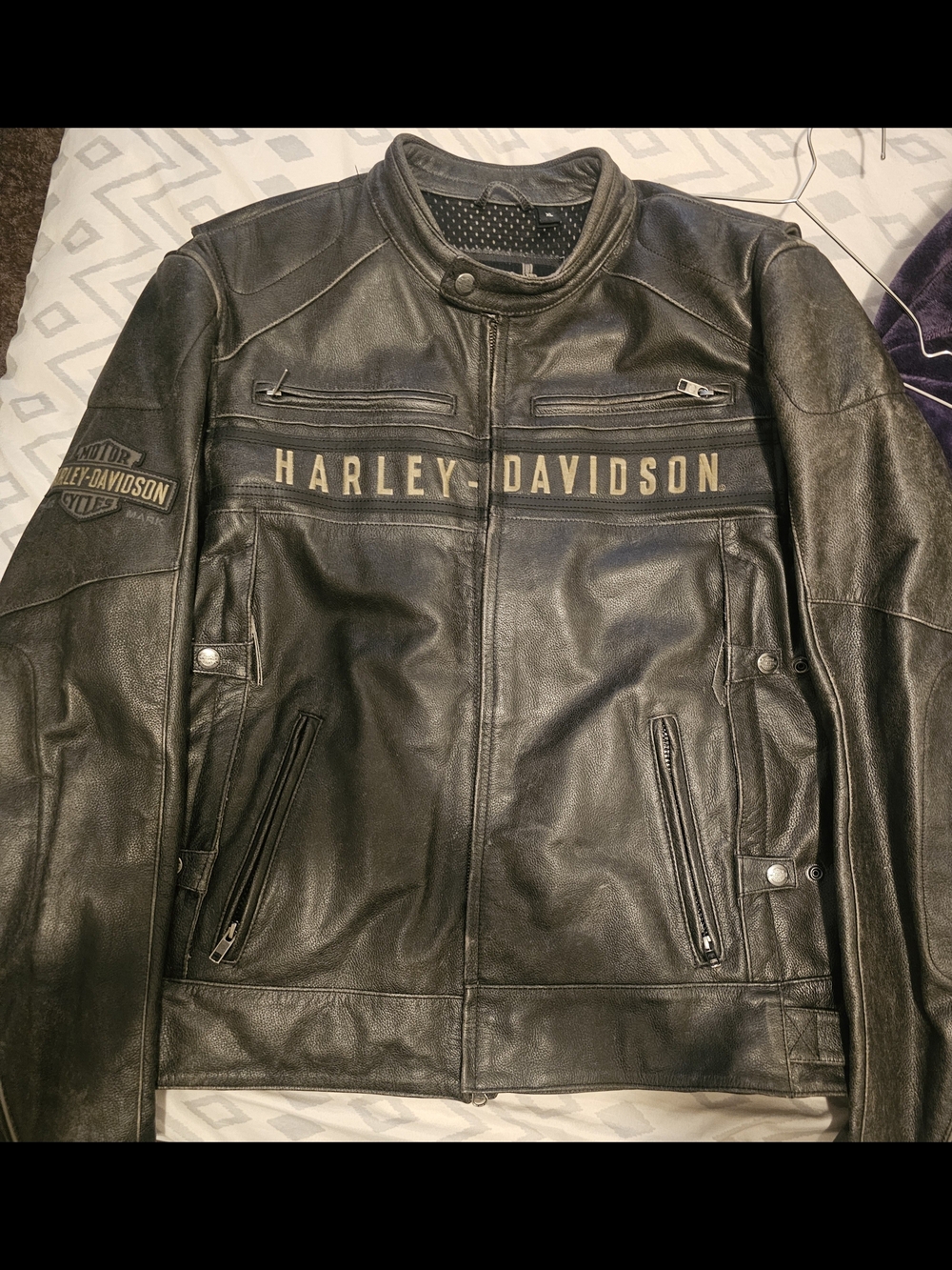 Harley-Davidson Black Leather Bomber Jacket with Tan Logo